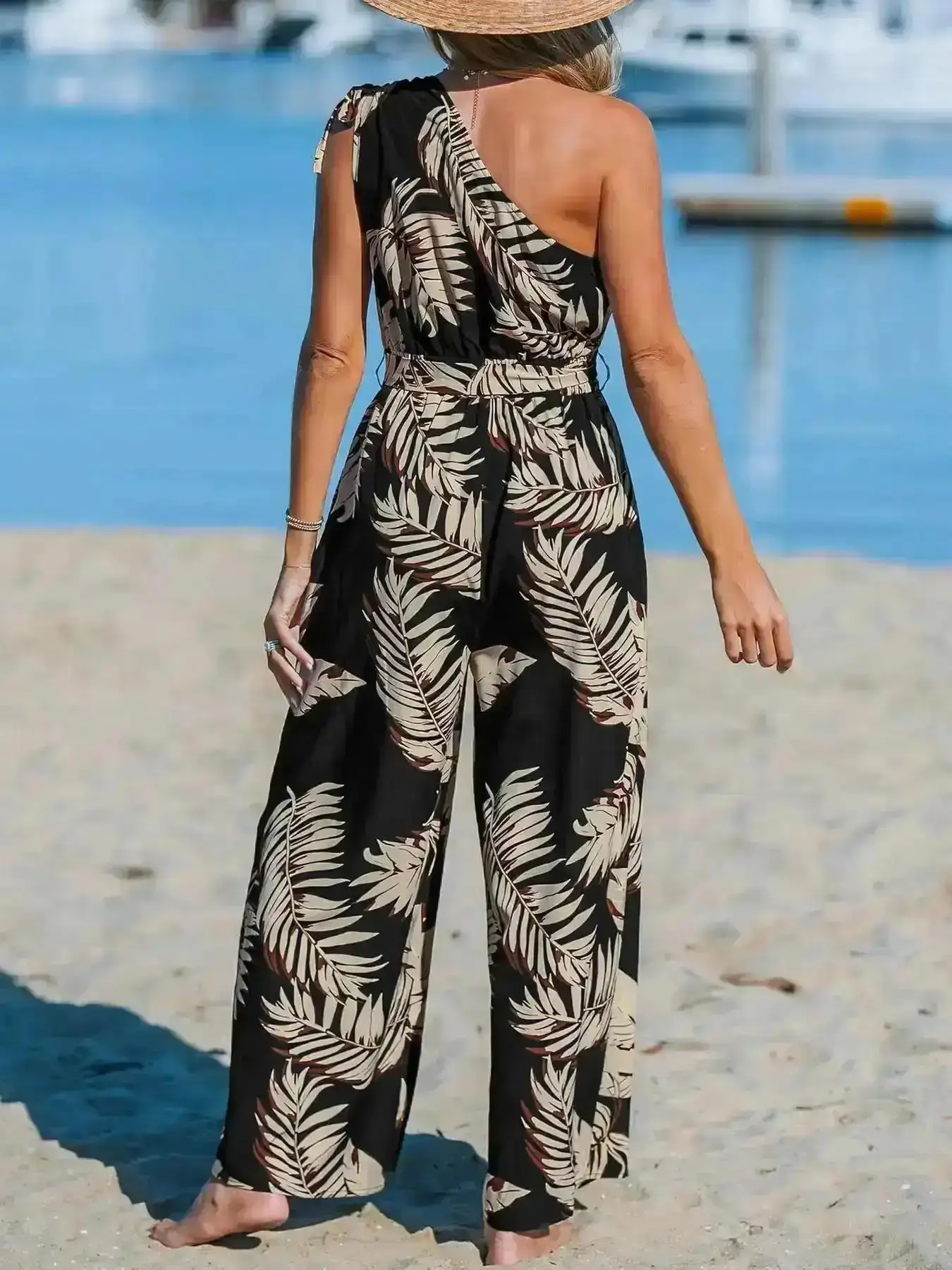 Tropical Print Beachwear, Palm Tree Print Tropical Boho Bohemian Jumpsuit, Casual for Beach Holiday Vacation, Ladies Clothes Summer, Womenswear, Overalls, One Piece, Versatile, Comfort, Wear, Style, Outfit, Essential