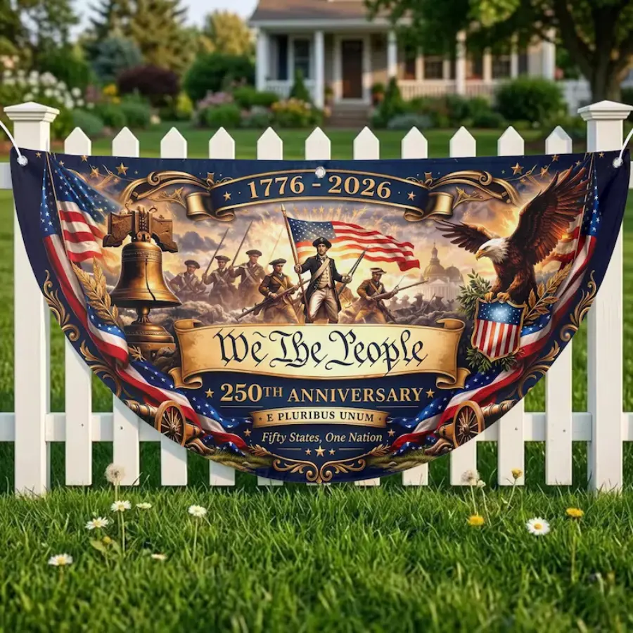 We The People 250 Years USA Polyester Semicircle Fence Banner, 1776–2026 American Patriotic Bunting Flag, Vintage US Flag Half Round Banner, Independence Day Fourth Of July Outdoor Decor, USA 250th Anniversary Porch Fence Banner