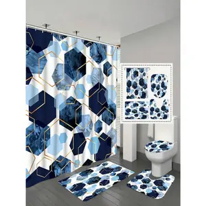 4pcs Blue Bathroom Set, Geometric Pattern Shower Curtain Set, Modern Art Style Shower Curtain With 12 Hooks, Bathroom Rug, Bathroom Non-Slip Mat And Toilet Mat
