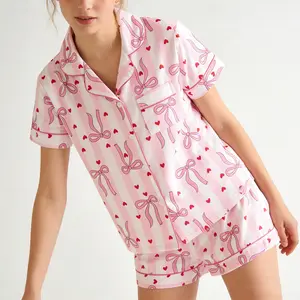 Women's Soft Pink Pajama Set Long Sleeve & Short Sleeve Button-Up Striped Loungewear with Cute Bow Print Stretchy Nightwear Home Wear Homewear Pjs for Women Sleepwear Womenswear Valentine's Day Knitted Gift PJ Party Wedding Morning  for Mother's Day