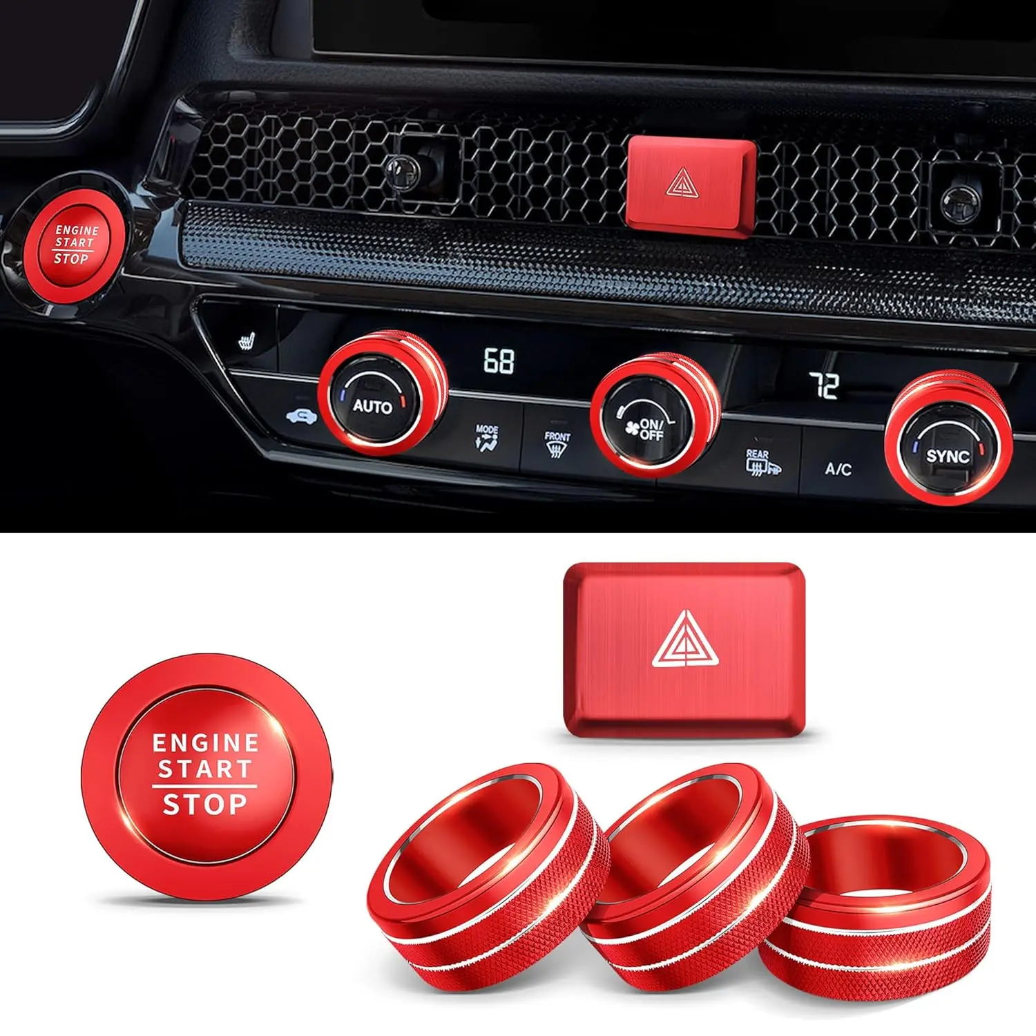 6PCS for 2022-2026 Honda Civic, 2023-2026 CR-V/HR-V/Acura Integra, 2023-2025 Accord and 2025 ADX Accessories - 6-piece Aluminum Knob Decorative Cover Kit for One-Click Start, Air Conditioning and Hazard Alarm Flash (Red)