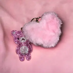 Cute rhinestones pink bear keychain
