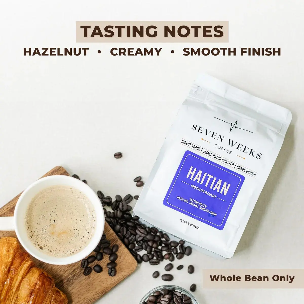 7 Weeks Coffee | Haitian Single-Origin Medium Roast, Whole Bean, Lab-Tested Mold & Mycotoxin-Free, 12oz, Hazelnut Notes