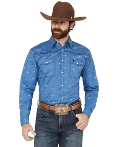 Men's Cowboy Hardware Steerhead Print Long Sleeve Snap Stretch Western Shirt - 125581-407-M