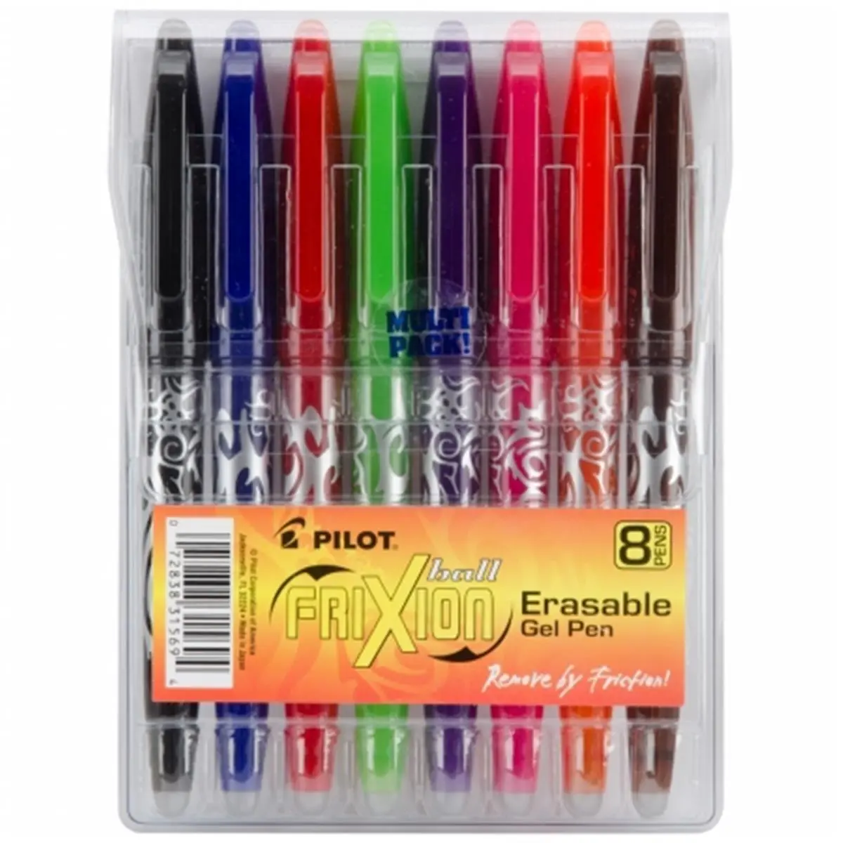 Pilot FRX31569 Frixion Ball Erasable Gel Pens - 8-Pack Assorted Colors Long Cap Top, Colorful Multi-Color Gel Ink Pens, Erasable Ballpen for Office Stationery Writing Correction Tools