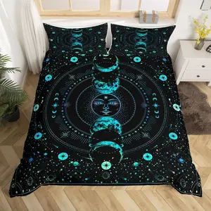 Sun and Moon Duvet Cover,Set,Stars Space Psychedelic Blue Sun Moon Boho Bedspread Cover,Soft Polyester Quilt Cover,No Filler, Bedroom Bedding Set, Breathable Duvet Set