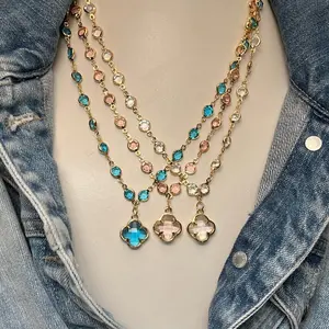 Crystal Clover Necklaces with Multicolor Gemstones and Gold-Tone or Silver-Tone Chain for Women's Fashion