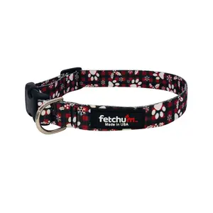 Fetch Paws and Holly Collar - Dog Collar with Holly Pattern, Made in USA, Adjustable Buckle, Black Color