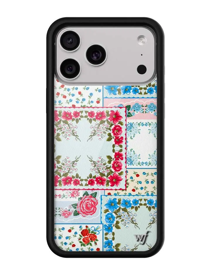FLL Sweetheart Patchwork | Limited Edition Trendy iPhone Case | Raised Protective Black Bumper | Women Owned Small Business | Aesthetic Floral Patchwork Red Roses Blue and Pink Flowers Green Vines | Safety Casing Protective | Gift for Her