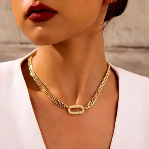 Stainless steel electroplated vintage niche necklace, punk rock heavy duty zircon-encrusted clavicle necklace, Cuban chain