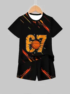 Dynamic Line Basketball Number 67 Print Short Sleeve Shorts Set, Cool Sporty Casual Kids Sports Clothing