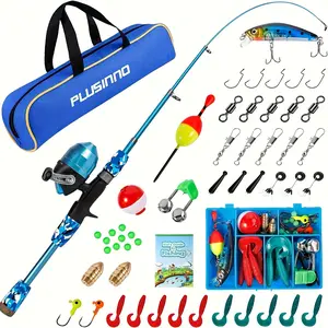 PLUSINNO Blue Fishing Pole with Spincast Reel Telescopic Fishing Rod Combo Full Kits