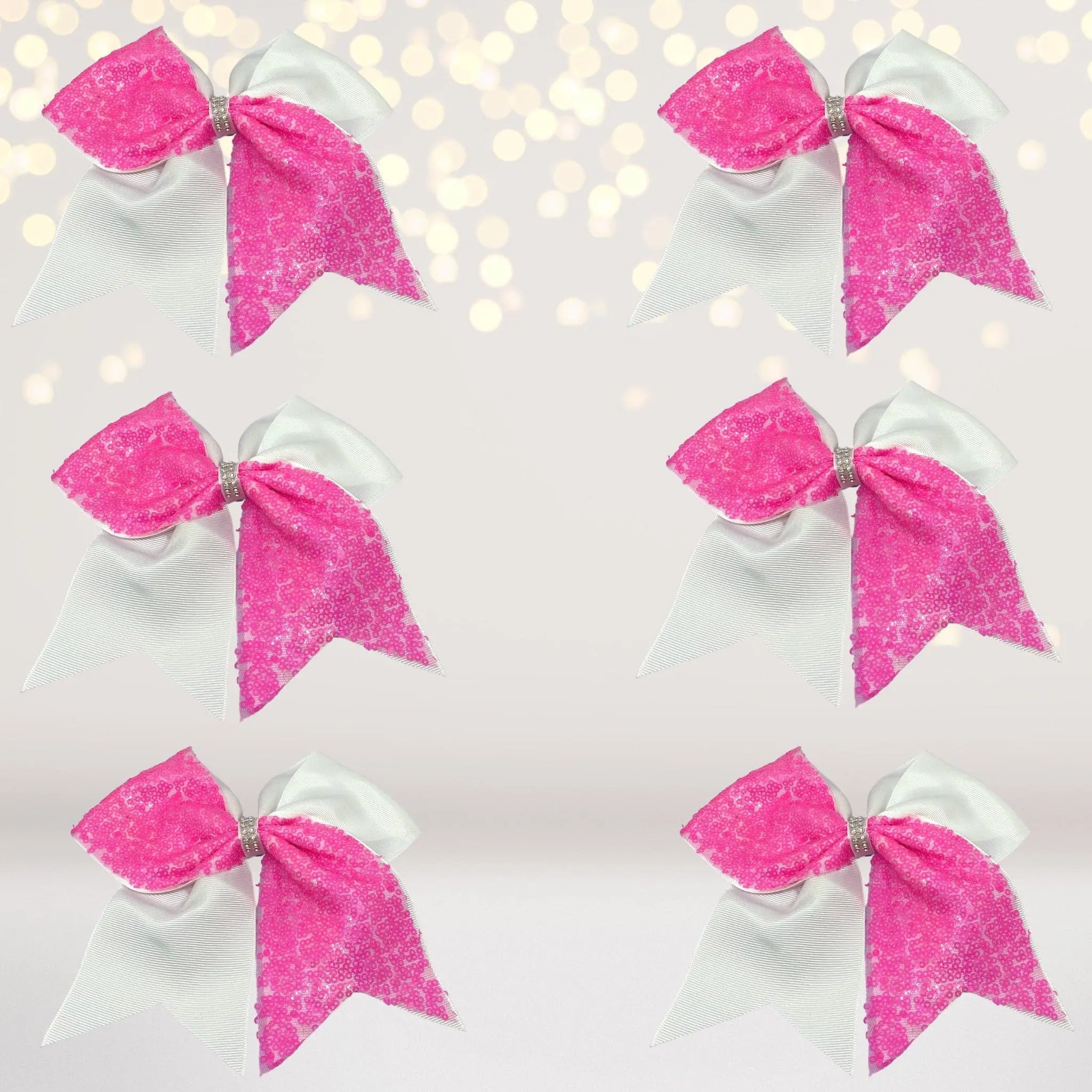 Sequin Pony Geometric Cheerleader Hair Bow Pack with Stretchy Elastic Band, White Grosgrain Ribbon for Cheerleaders, Dancers, One Size