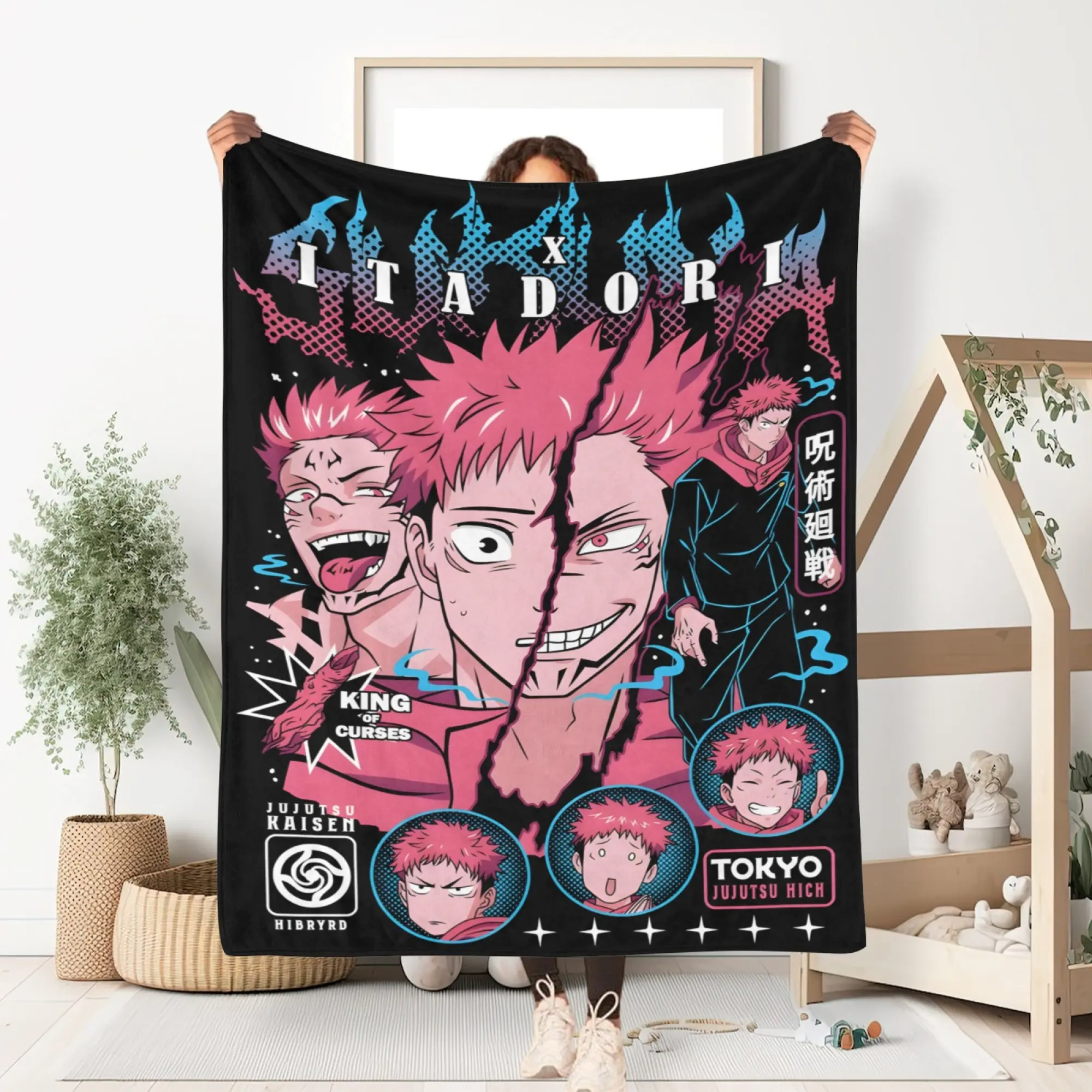Jujutsu Kaisen Yuji Itadori Sukuna Fleece Throw Blanket - Curses Split Face Design for Couch Bed Gaming Room, Popular Christmas Birthday Gift for Teens Adults Gamers Manga Otaku