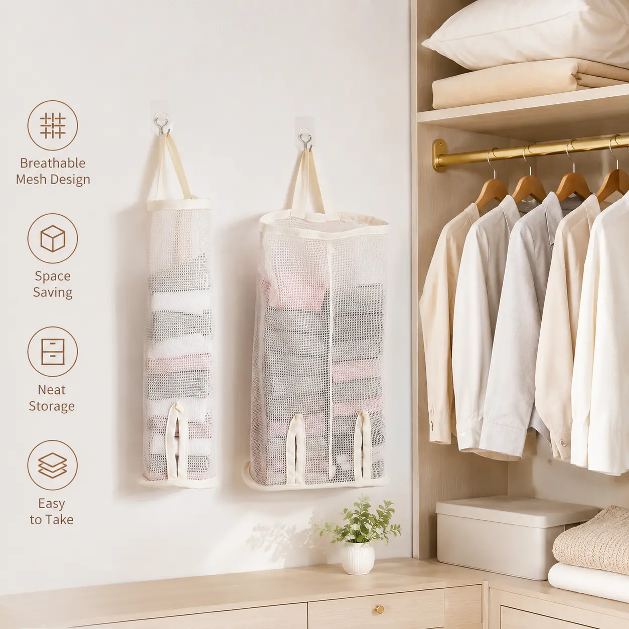1 Piece Hangable Lightweight Polyester Mesh Storage Bag - Breathable, Visible Closet Wall Organizer with Adhesive Hooks for Socks, Small Household Items (Great for Home Organization Ideas)