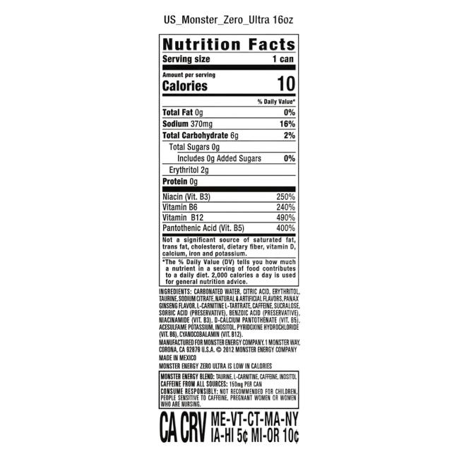 x15 pack Monster Energy Zero Ultra, Sugar Free Energy Drink, 16 Ounce (Pack of 15)