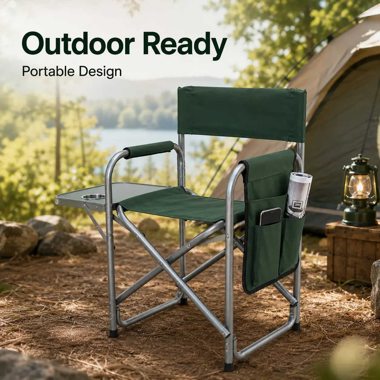 2-Pack Aluminum Outdoor Folding Chairs with Built-In Tray, Side Organizer for Camping, Concerts, Tailgating, Watch Party Events