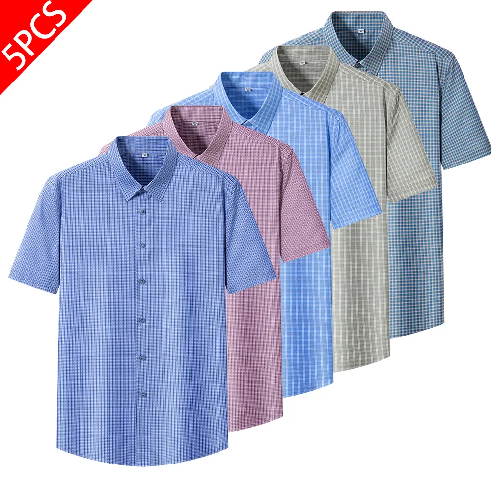 Men's 5-Pack Plaid Shirts, Casual Short Sleeve Button Down, Stretch Wrinkle-Resistant Polyester Oxford, Father's Day Gifts, Menswear, Shortsleeve, Casual Shirts, Oxford Fabric, Blue Gingham, Work, Preppy Style, Gentleman Style, Stretch Oxford Fabric