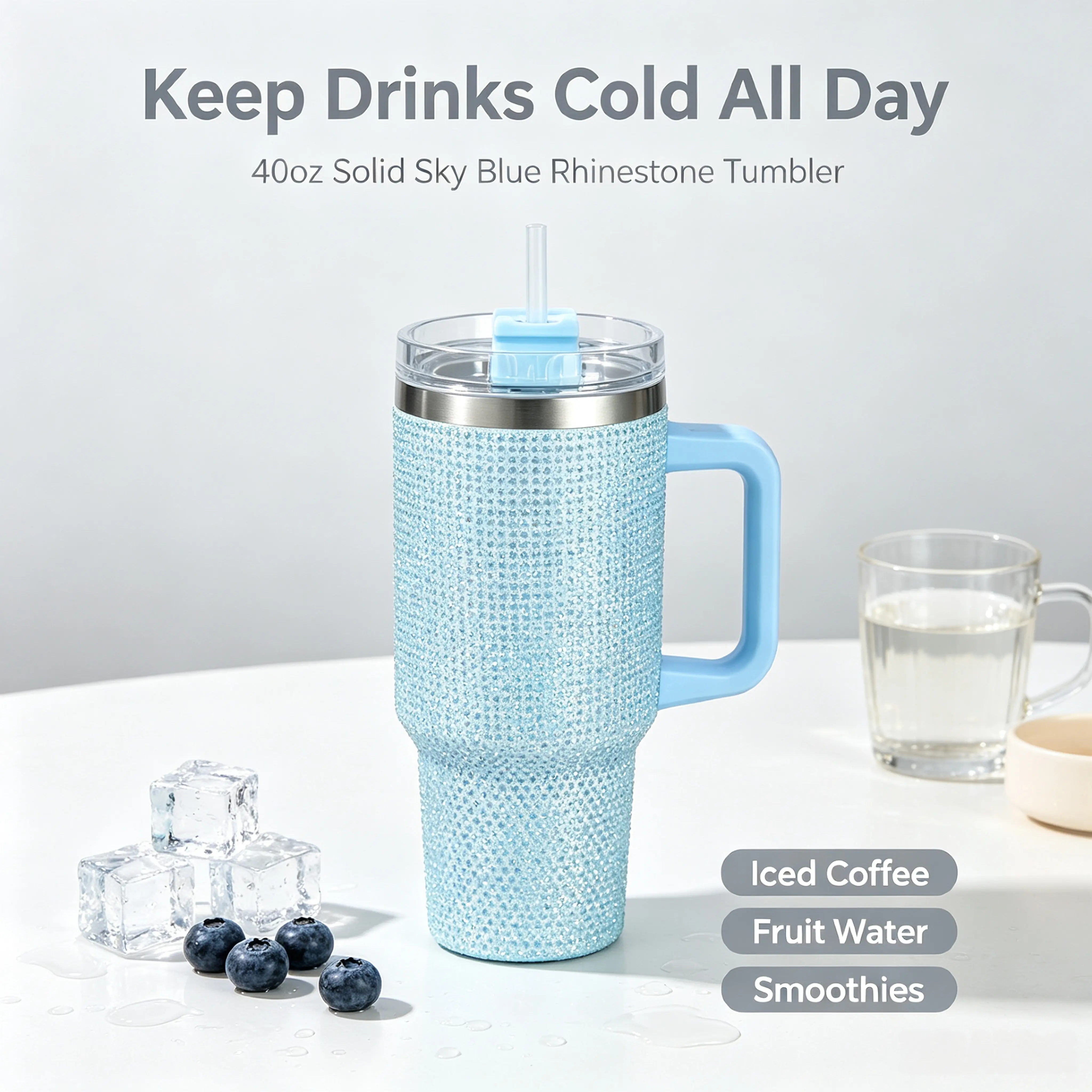 40oz Ab Shimmer Rhinestones Sky Blue Stainless Steel Insulated Tumbler - Crystal-Studded, Leak-Proof, with Handle & Straw Lid, 1000-2000ml, Keeps Drinks Hot for 6-8 Hours, Party/Birthday Gift for Women (Kitchenware Drinkware)