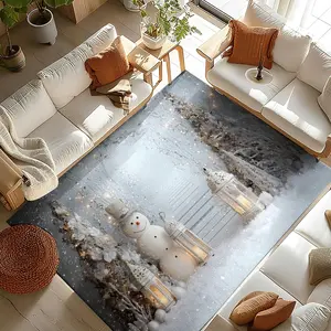 Cozy Snow Scene Rug Living Room Decor Blanket, 2D Flat Print Design, Snowman Pattern Non-Slip Mat, Holiday Atmosphere Home Decoration