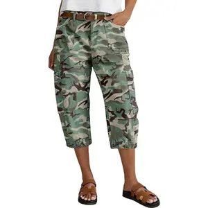 Flamingals Camo Print Patch Pocket Mid Rise Barrel Leg Capri Pants Stretchy 18.5'' Inseam
