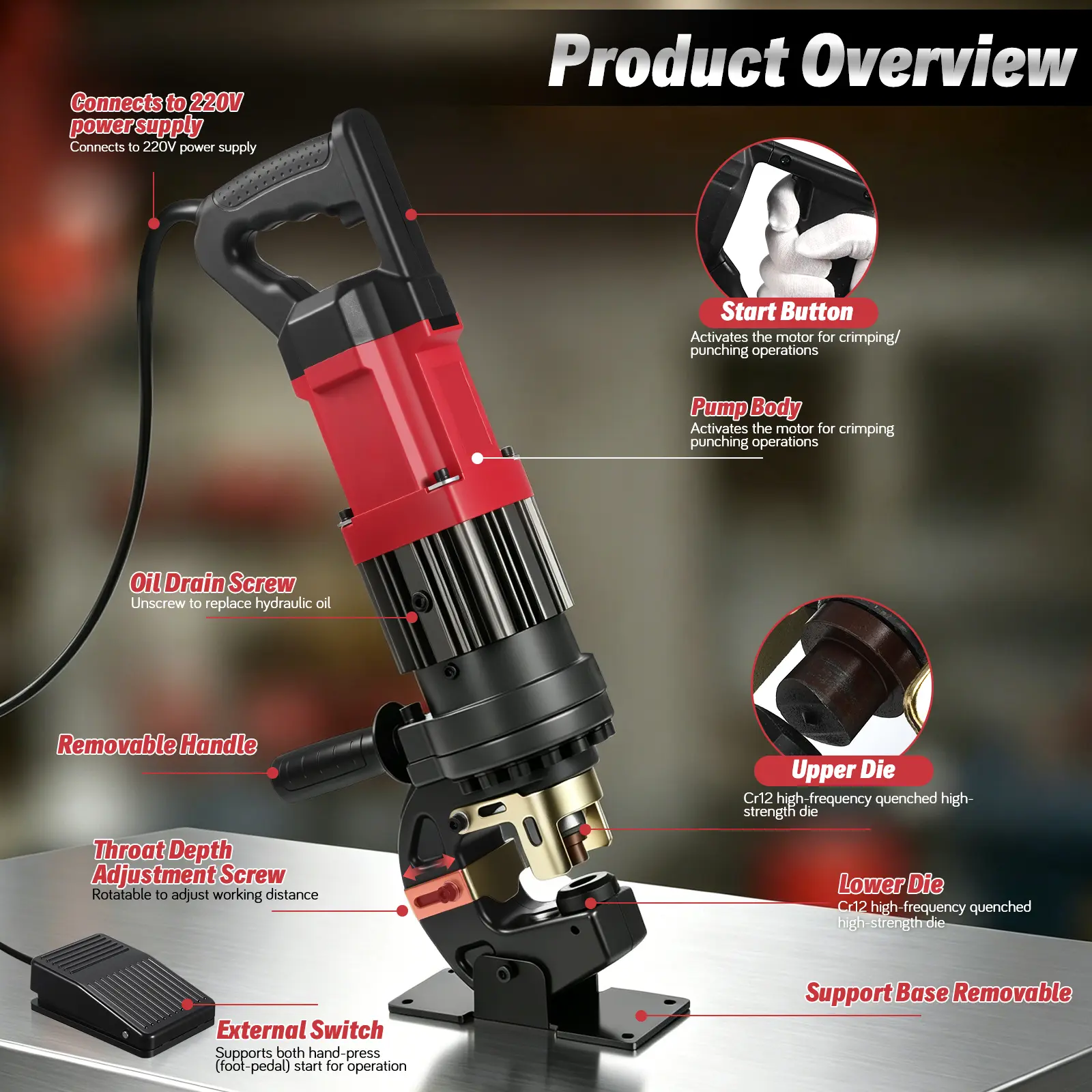 MHP-20 Hydraulic Hole Punch Machine, 110V Portable Electric Metal Punching Tool for Hardware Projects