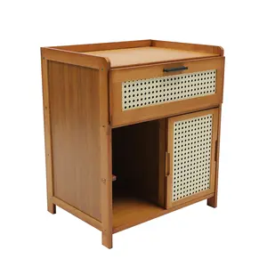 Mid-Century Modern Bamboo Nightstand with ABS & Laminated Board | Elegant Storage for Bedroom & Living Room