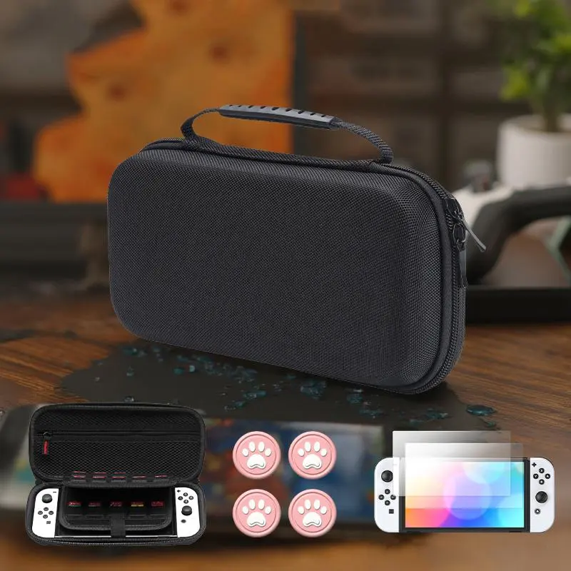 Storage Bag & Thumb Grip Cap & Tempered Film Set for Nintendo Switch, Wide Application Protective Travel Bag with Multiple Compartments, Console Accessories