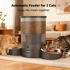 Automatic Pet Feeder for Two Cats, 3L Cat Food Dispenser with Stainless Steel Bowls,Button setting, Timed cat feeder programmable 1-10 meals, Bilateral simultaneous feeding, Dual Power Supply,Desiccant box,10s Meal Call，Play the meal call 6 times at most