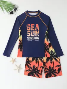 Beach Vacation Swimwear, Coconut Tree Gradient Print Long Sleeve Sun Protection Two-Piece Swimsuit, Casual Fitted Style, Rash Guard Swimsuits, Rash Guard Set