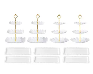 10 Pack Dessert Table Display Set - 4 x Three-Tier Square Cupcake Stands Holder and 6 x Serving Trays, Elegant Tableware for Cakes, Cupcakes, Pastries, and Snacks, Perfect for Parties (White)