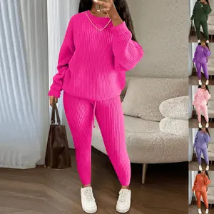 Lady's 2-Piece Casual Winter Ribbed Knit Set, Polyester Comfortable Loose Pullover Sweater Top with Belt & Drawstring Pants Women's Clothing