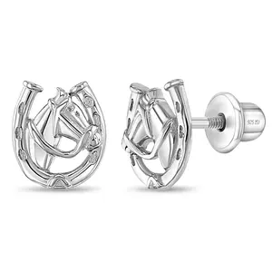 Winner's Circle Horse Kids / Children's / Girls Earrings Screw Back - Sterling Silver