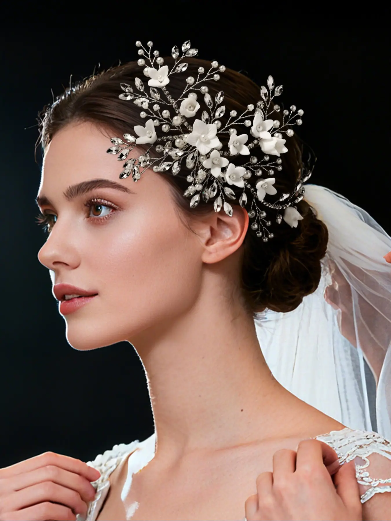 Elegant Vintage Hair Comb Handmade with Rhinestones and Pearls, Soft Clay Flower Design, Perfect for Women's Parties or Daily Wear