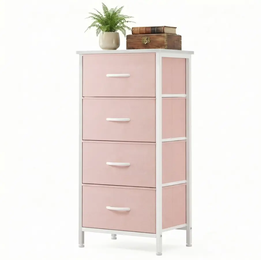 4-Drawer Fabric Storage Dresser with Sturdy Frame, Bedroom Organizer Chest for Closet, Pink