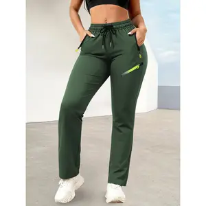 Women's Solid Color Athletic Pants with Multi-Pocket Design - Full-Length Workout Trousers for Gym, Yoga, - Elastic-Free Non-Stretch Fabric Suitable for Spring/Summer Training & Casual Wear