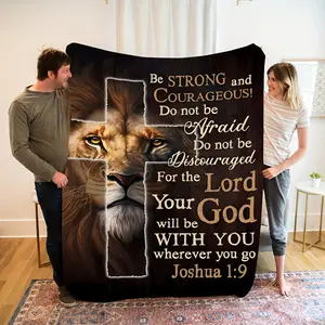 A Single Piece of a Cozy Flannel Blanket Featuring a Comforting Growth Cross Lion Design, Perfect for Gifting to Your Son. It'S Soft And Warm, Making It an Ideal Present for Holiday Memories, Suitable for Napping, Camping, Traveling, And Home Decor