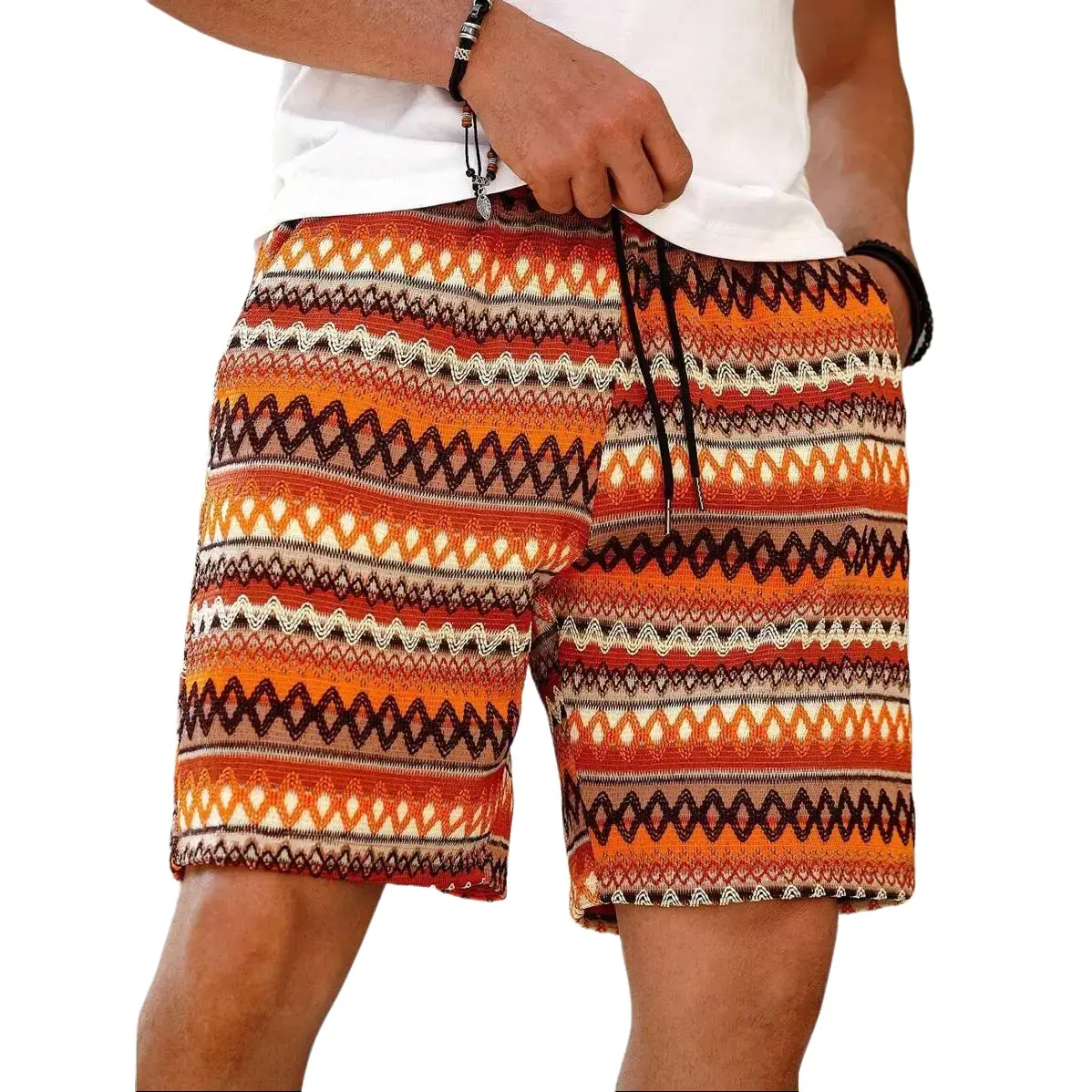 Men's Casual Daily Wear, For Seaside Vacations, Featuring An INS-Style Bohemian Orange Multicolor Geometric Horizontal Striped Crochet-Knit Textured Jacquard Casual Vacation Shorts, Vacation Men Beach Shorts