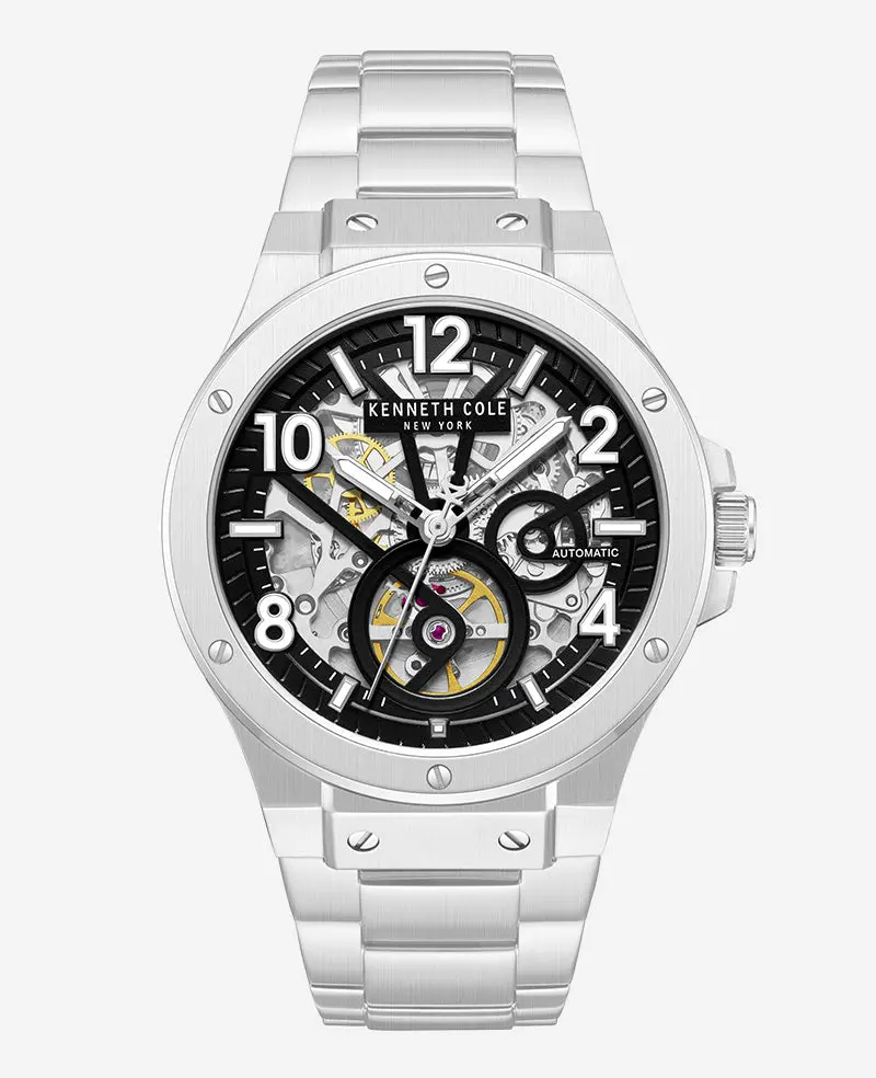 Skeleton Automatic Silver-IP Black Dial Stainless Steel Bracelet Watch