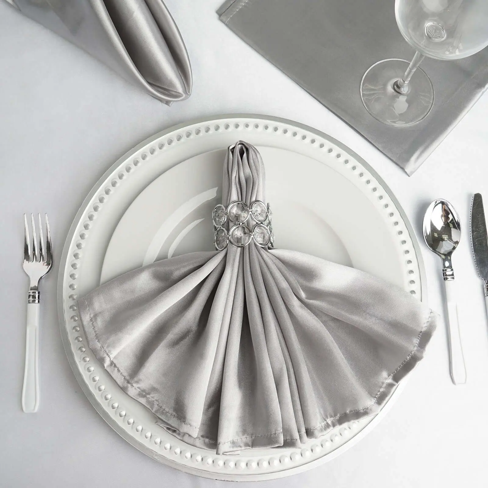 5-Pack Satin Silver Solid Napkins (20"x20") - Luxurious Shine, Smooth Finish for Birthday Dinners, Restaurant Table Use, Satin Napkin