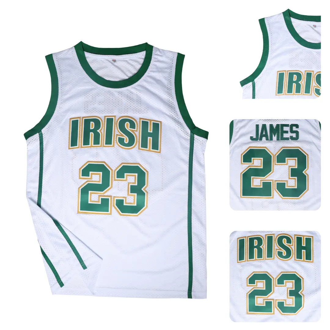 Men's #23 Irish High School Basketball Jersey, Throwback Mesh Top with Embroidered Green Trim, Lightweight Breathable Professional Sports Apparel for Game Day