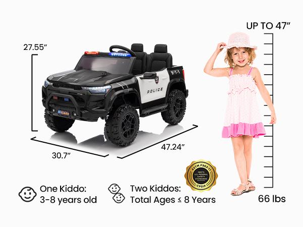 Hikiddo 24V 400W Kids Ride on Police Car with Remote Megaphone Bluetooth, Electric Police Car for Kids