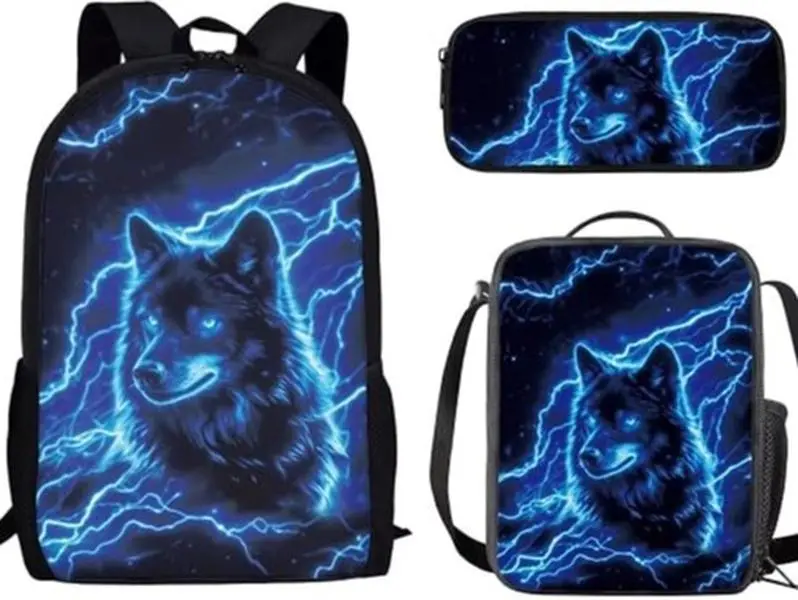 Polyester Vintage Distressed American Flag Neon Wolf 3Pcs Boys Backpack Set - Waterproof Large-Capacity School Bag with Insulated Lunch Box, Pencil Pouch for Casual Camping, Outdoor Hunting (Sports & Outdoor), School/Outdoor