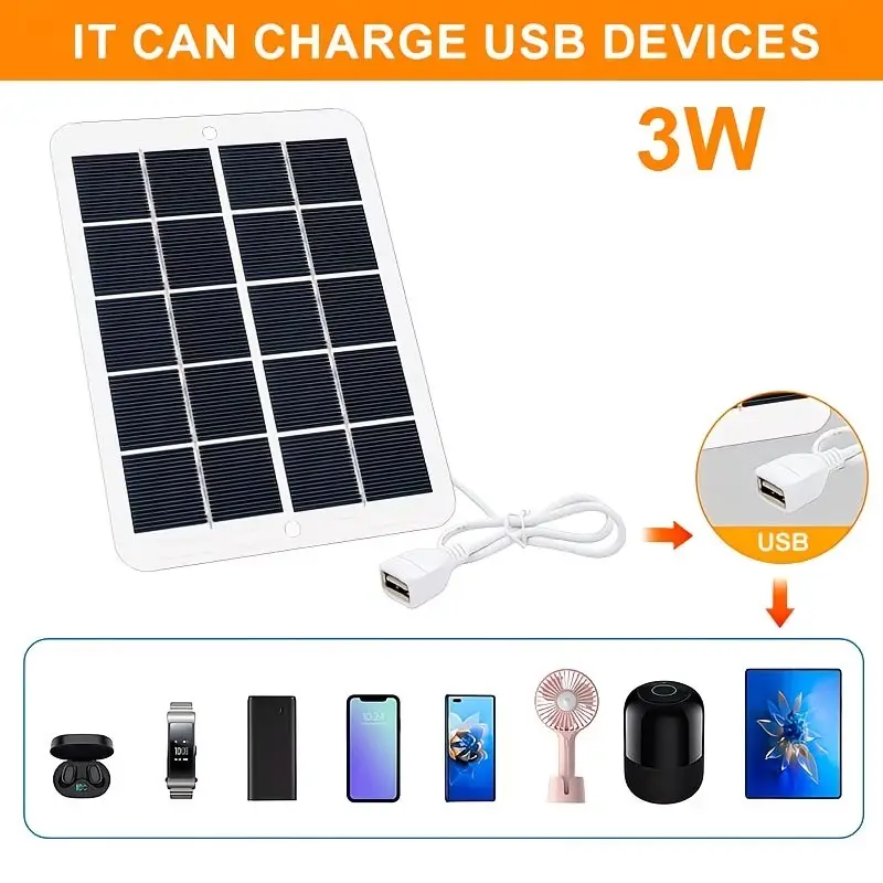Portable Solar Panel 3w 5v, Monocrystalline Silicon Charger with USB Interface, Ideal for Camping, Phone, Flashlight, Action Camera, Small Fan, Solar Panels Portable