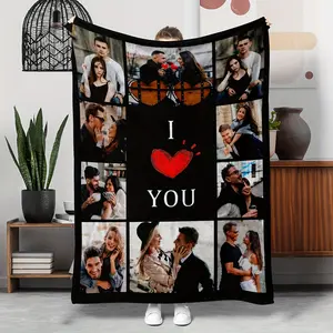 1Pc Custom Photo Blanket Personalized With Your Pictures - Soft Flannel Checkered Pattern Black Throw Gift For Parents, Couples, Anniversary & Christmas - Machine Washable All-Season Cozy Keepsake, Romantic Home Decor, Durable Fabric, Couples Keepsake