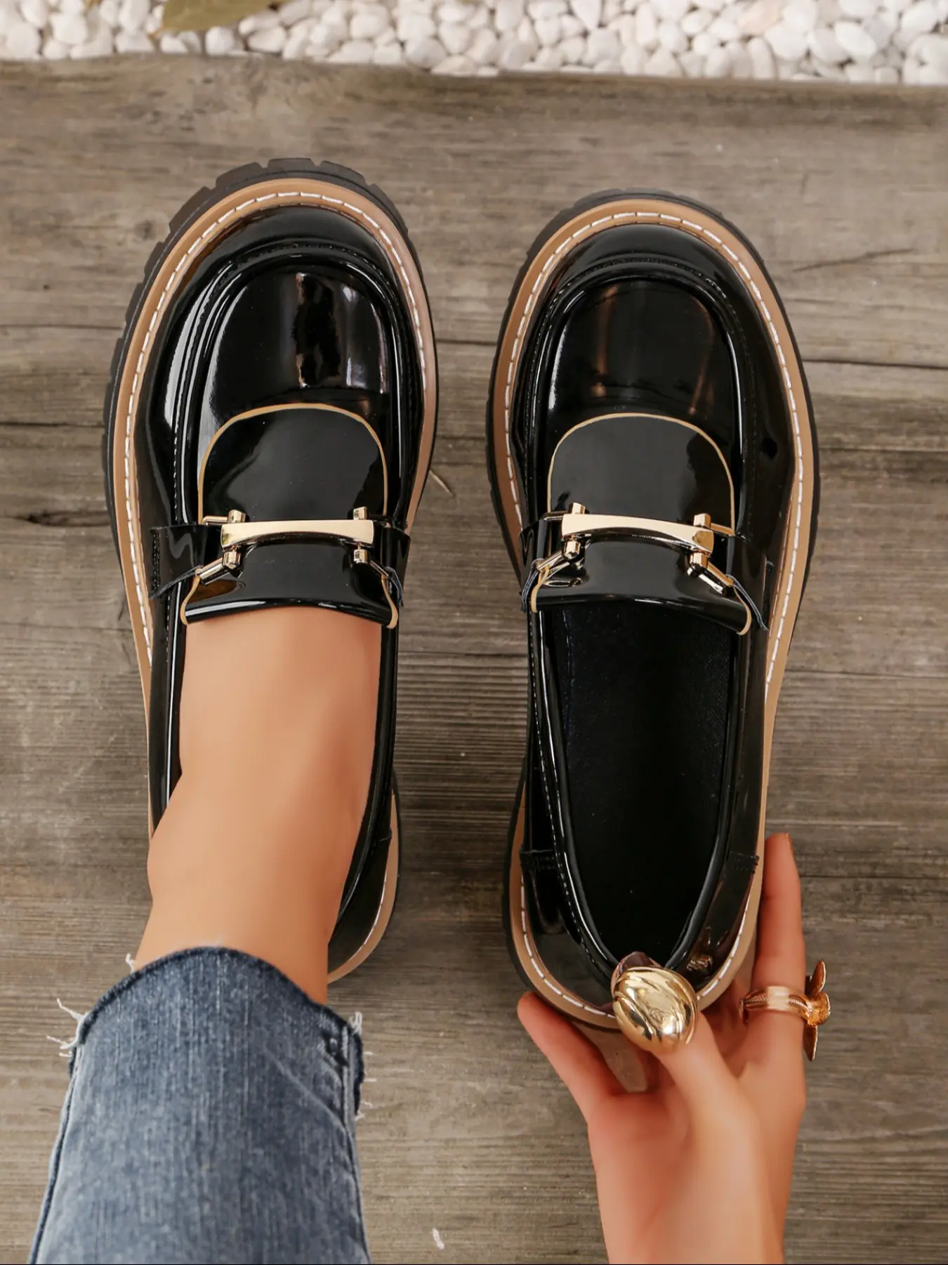 Women's Chunky Heel Round Toe Loafers, Flats Shoes Women, Decorative Horseshoe Buckle Strap, Low Top Design, Flat Sole, Anti-Wrinkle, Casual Spring & Fall Shoes