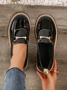 Women's Chunky Heel Round Toe Loafers, Decorative Horseshoe Buckle Strap, Low Top Design, Flat Sole, Anti-Wrinkle, Casual Spring & Fall Shoes