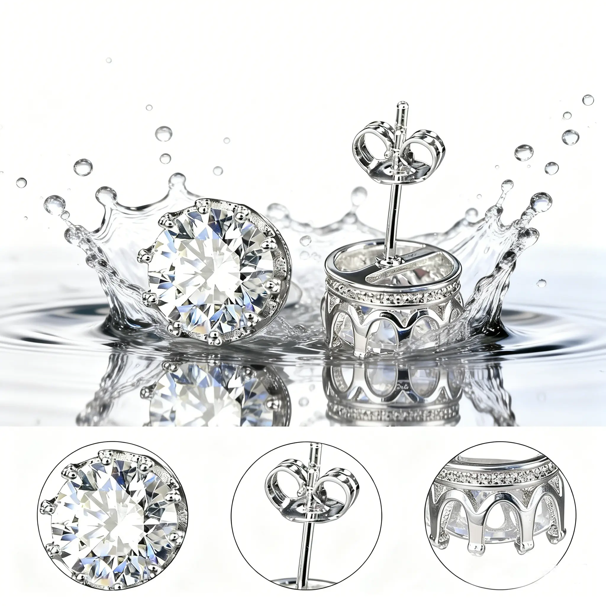 Women's Elegant Bright Silver-Tone Crown Base Rhinestone Stud Earrings, Minimalist Single Brilliant-Cut Simulated Diamond Female Jewelry, Lightweight Daily Wear, Ideal Anniversary Gift