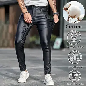 Soft high-cotton fabric with a shiny, leather-like finish and slim-fit silhouette. Perfect for bold streetwear and edgy outfits.