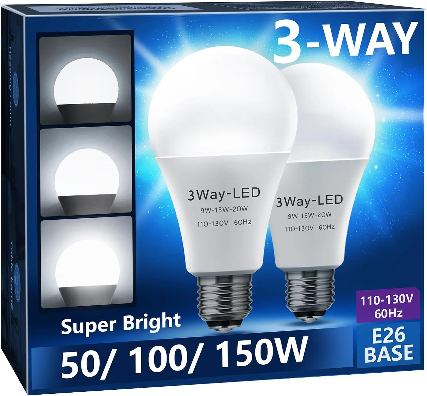 3 Way LED Light Bulbs 50-100-150W Equivalent A21 Daylight White| 3-Way LED Light Bulb 5000K E26 Medium Base 600LM-1250LM-1850LM, Perfect for Table Lamp, Floor Lamp, Desk Lamp, 2 Pack